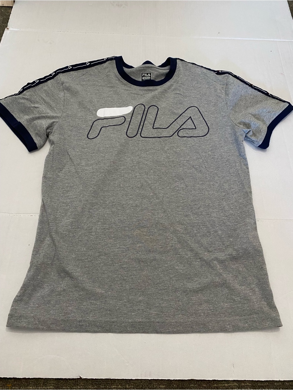 FILA Men's Grey Logo Ringer T-Shirt with Navy Trim Medium